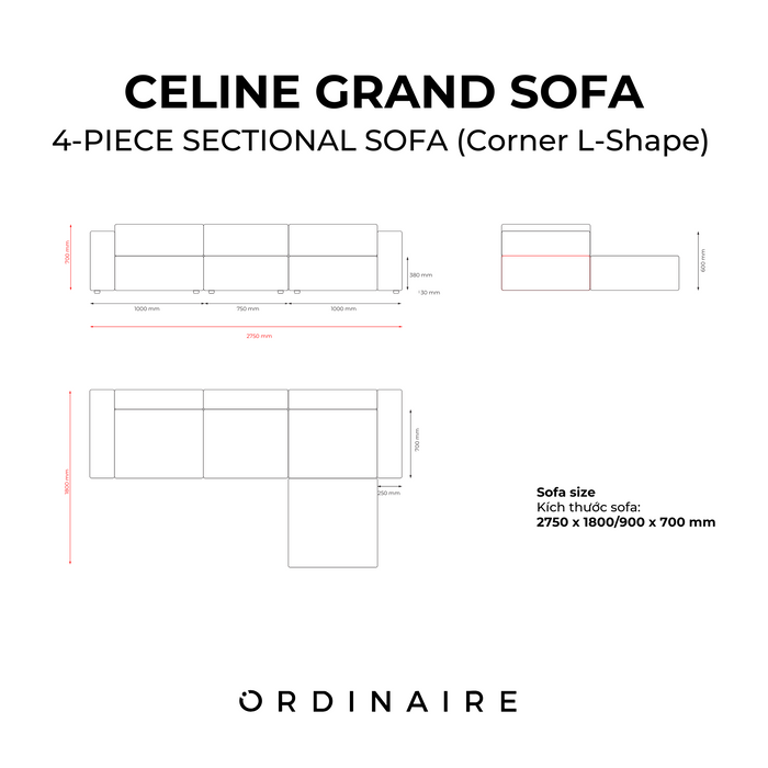 CELINE GRAND SOFA - 4-PIECE SECTIONAL SOFA (Corner L-Shape)