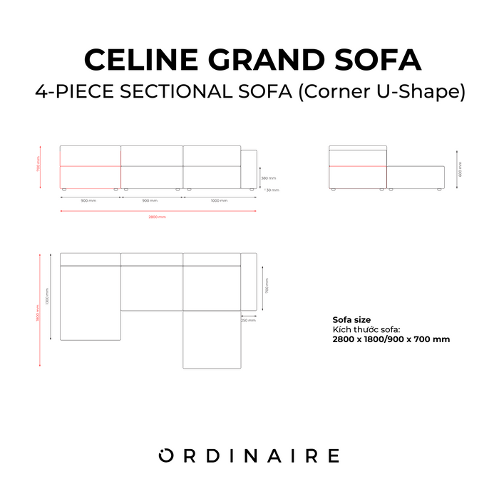 CELINE GRAND SOFA - 4-PIECE SECTIONAL SOFA (Corner U-Shape)