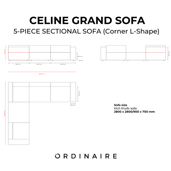 CELINE SOFA - 5-PIECE SECTIONAL SOFA (Corner L-Shape)